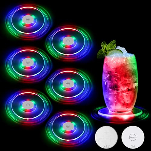 JIZZU Leuchtende Untersetzer Acryl, 6 Stück Bunt LED Untersetzer, Leuchtuntersetzer Bierdeckel, Leuchtend für Getränke für Flaschen Bar Gläser - Farbig