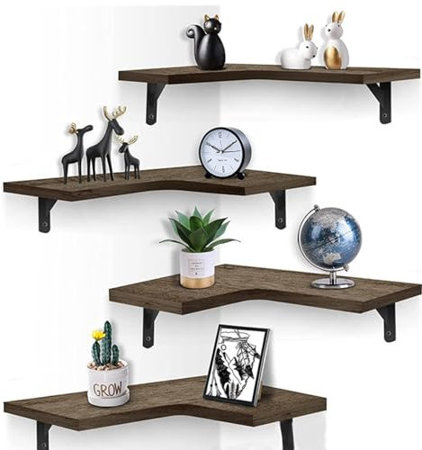 GBACHOOSE 4 Pcs Floating Corner Shelves, Wooden Wall Mounted Shelf, L-Shaped Rustic Corner Shelf Floating Storage Shelves for Living Room, Bedroom, Bathroom, Kitchen