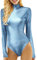 Glitzer Jumpsuit Damen, Sexy Leder Stretch Stringbody Bodysuit Langarm Elegant Blau Ballettbody Pailletten Body Leder Oberteile Frauen Party Langarmbody Einteiler Glitzerbody