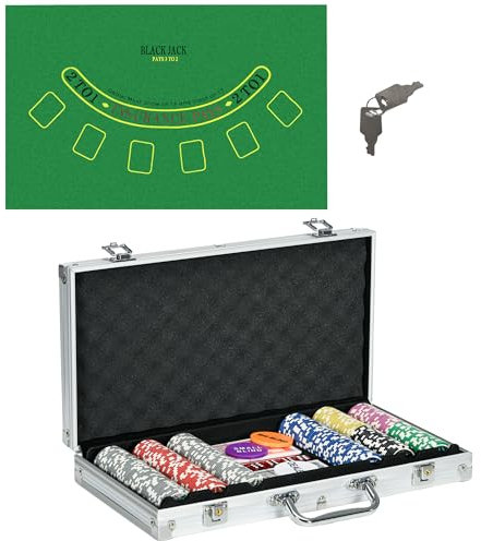 SPORTNOW Set di Fiches Poker, Set Poker Professionale con 300 Fiches da Gioco 11.5g, 2 Mazzi di Carte e 5 Dadi, Set Poker in Alluminio e Poliestere, Argento