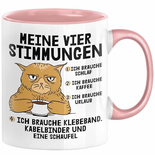 Trendation Katze Tasse Geschenk Katzenbesitzerin Lustige Sprüche Kaffee Urlaub Müde Kaffee-Becher Meine Vier Kaffeestimungen (Rosa, Keramik, 325 Milliliter)