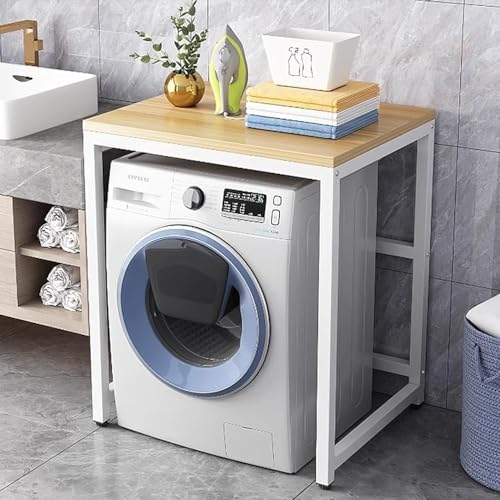 Aufbewahrungsregal Für Trommelwaschmaschinen, Kleines Küchen- Und Badezimmerregal Mit Verstellbaren Rutschfesten Füßen, Einheit Freistehend über Dem Waschmaschi(Color:Weißer Rahmen+Holzplatte)