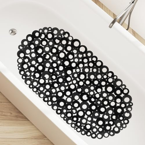 Qidordour Oval Bathtub Mat Non Slip, Black Bubbles Bath Mats for Tub, Shower Mat with Drain Holes, Suction Cups, Machine Washable Bath Tub Mat, BPA, Latex, Phthalate Free for Bathroom, 69x36cm
