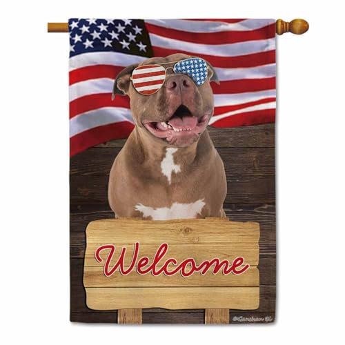 Ganshan Bi Pitbull Red Nose Dog Welcome House Flag Custom Patriotic Flag 4th of Juli Stars Stripes Banner Outside Decor for Yard Lawn 28x40 Inch Double Side