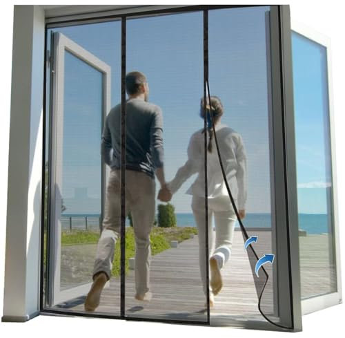 Insektenschutz Fliegengitter für Tür, 115x255cm Schwarz Insektenschutzgitter Kein Bohren Klettband Montage Magnet Fliegengitter für Universalfenster