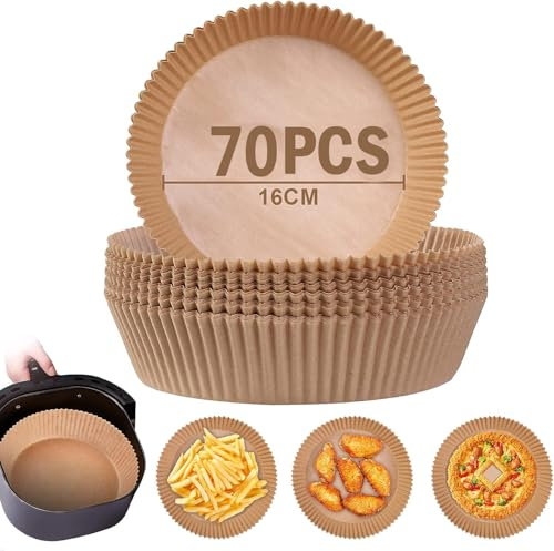 [70 Pezzi] Carta Forno per Friggitrice ad Aria (3° Generazione) Antiaderente e Cartaforno Monouso Quadrata Rotonda Padelle e Microonde Certificata MOCA Sicura e Inodore Ideale per una Cottura Sana