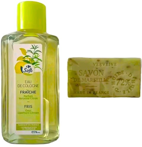 Eau de Cologne Verveine Citron, Frisch, 250 ml, Frankreich Provence + Savon de Marseille Verveine Eisenkraut der Lavenderaie de Haute Provence in dekorativer hochwertiger Geschenkdose aus Metall