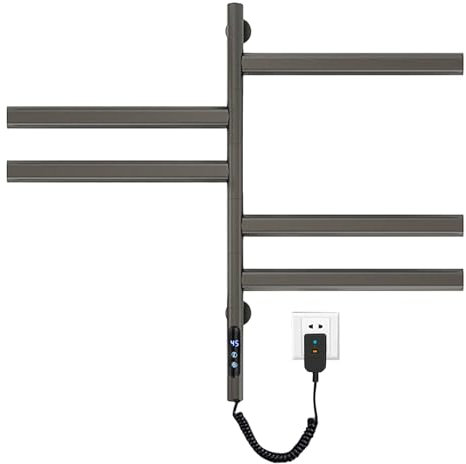 Towel Rail Radiator, 675x450 mm Heated Towel Rail Radiator Ladder, 180° Rotatable Towel Warmer Rail, Electric Heated Towel Rail, 120W Wall Mounted Rail with Thermostat and LED Indicator (Gray)