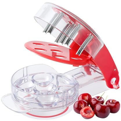 QKEPCY Kirschkernentferner mit Griff Drücken 6 Kirschen Pitter Multifunktionales Entkerner-Werkzeug mit Auffangbehälter Lebensmittelecht Beschichtet für Obst Kirsche Obstbeere