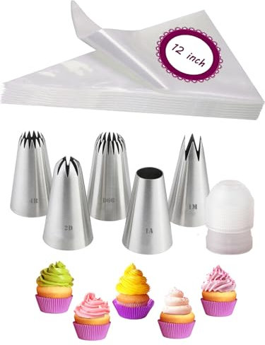 Large Icing Nozzles and Bag with Coupler,1M 2D 1A 4B D66 Piping Nozzle Set,Large Coupler and Piping Bags Disposable - 12 inch