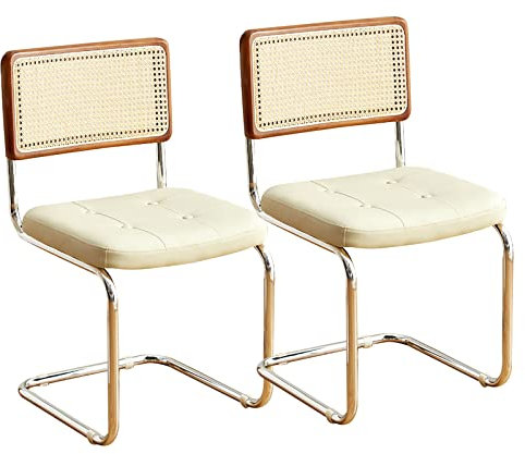 Lot de 2 chaises de salle à manger modernes du milieu du siècle en rotin avec dossier en canne, chaises de bureau rembourrées en cuir confortable pour cuisine et salle à manger avec pieds en métal,