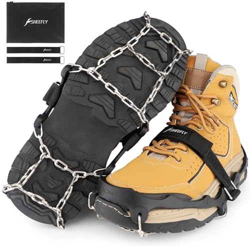 SHEEFLY Steigeisen, Eisgriffe für Schuhe und Stiefel, verbesserte rutschfeste Schneeketten, Eisklampen mit verstellbaren Riemen, Schneegriffe, Eistraktionsklampe für Damen und Herren, perfekt zum