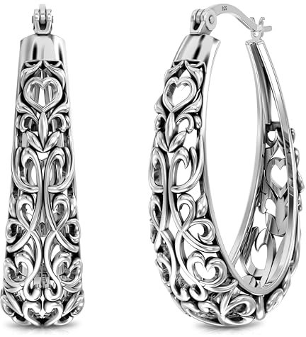 LeCalla 925 Sterling Silber Ohrringe für Frauen | Antike filigrane ovale Ohrringe | Mesh filigranen Klick-Top Ohrring Creolen 30MM