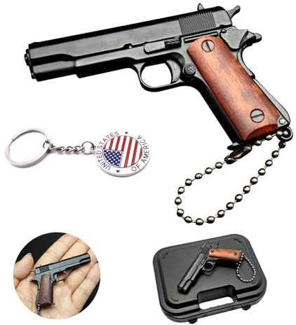 OPYLO Mini-Schlüsselanhänger mit Pistolenform, kleiner Schlüsselanhänger, Pistolenform, cooler Schlüsselanhänger für Herren, Holzmaserung, schwarz, Einheitsgröße