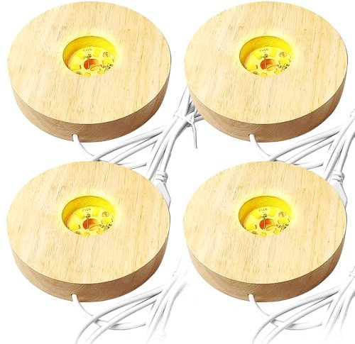 Behogan 4 Stück LED Holzsockel, 3 Farben Holz Leuchten Ständer USB rund led-lichter sockel, Holzbeleuchtung Einstellbar Holz LED Lichtsockel für Display Kristall Glas Acryl Schmuck Harz