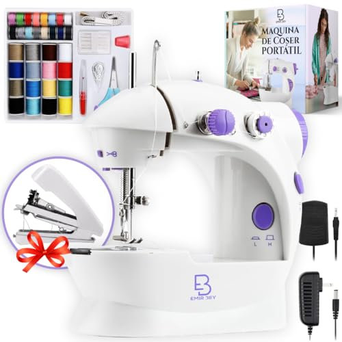EMIR BEY® Máquina de Coser Portátil + Kit de Costura (48 Accesorios) + Mini Máquina de Regalo - 12 Puntadas, Fácil de Usar, Ideal para Principiantes, Puntada de Refuerzo y Base Antideslizante