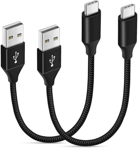pluX USB C Cable [25cm/0.25m, 2Pack], 0.8ft Short USB A to USB C Car Charger Cable 3A Fast Charging Nylon Braided Type C Cable for iPhone 16 15 Pro Max,Power Bank,Pixel,Xperia,PS5,Switch-Black