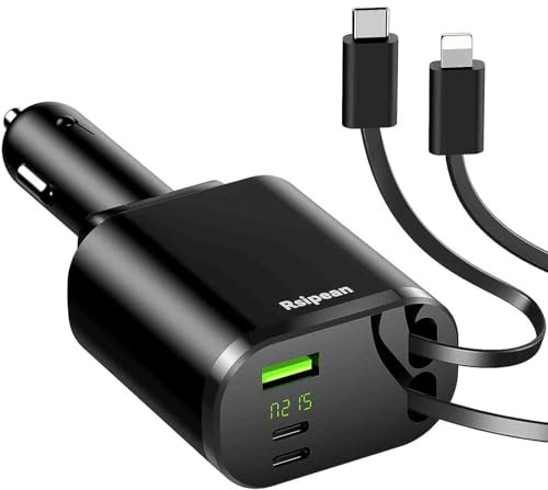 Retractable Car Charger,5-in-1 Car Chargers with Retractable USB-C & Lightn ing Cable, Fast Charging Adapter for i Phone & Android, All Most Cars (Black)