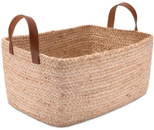 Decorasian Körbe für Regal mit Lederhenkel – Regalkorb aus Jute - stilvoller Aufbewahrungskorb für Bad, Kinderzimmer & Schlafzimmer - Größe L