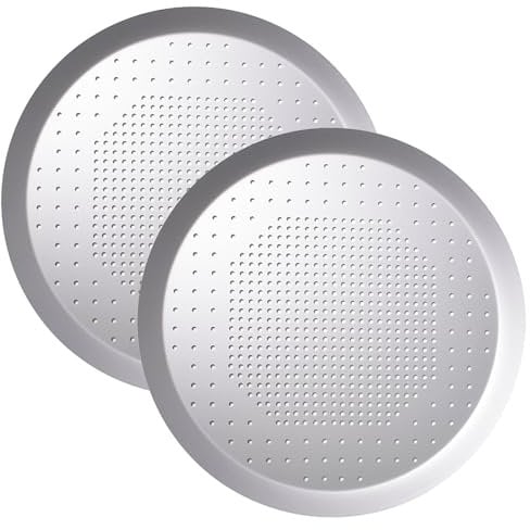 Auddemg 2er Set Perforierte Pizzablech Rund 25,5cm, eloxierter Antihaftbeschichteter Backblech - Dicke Aluminiumlegierung für gleichmäßiges Backen - Pizza Ofenblech 1,5cm Höhe, Silber