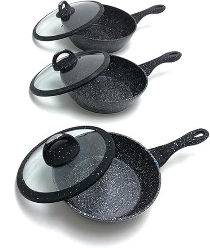 Generico Tris padelle Bavaria in pietra lavica antiaderenti 3 Padelle + 3 Coperchi Pietra Lavica 20-24-28cm, Padelle Pietra Lavica, Adatto a piano a Gas e a Induzione, Padelle e Coperchi (Nero)