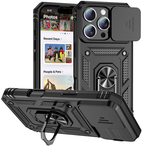 xinyunew Cover per iPhone 13 Pro Max Custodia Antiurto Scorrevole Protezione Fotocamera Custodia con 360°Rotante Anello Supporto - Nero