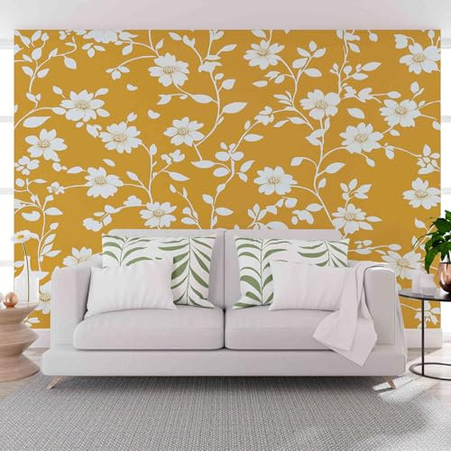 Kntnshac Fleurs Pastorales Papier Peint Intissé Coucher, Cuisine, Armoires, Jaune Papier Peint Panoramique 3D 300 x 210 cm (L x H)