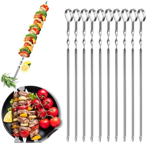 21.7 inch Kebab Skewers 55 cm Stainless Steel BBQ Skewers Long Stainless Steel Reusable Flat Metal Grilling Skewer Sticks BBQ Accessories Tools Set for Outdoor Barbecue（10 Pack）