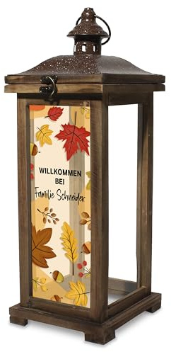 True Statements Personalisierte Holz-Laterne mit Herbstblätter-Motiv im Landhaus-Stil 42cm - Herbst-Deko - große Laterne als herbstliche Dekoration - Geschenk zur Hochzeit, Einzug & Geburtstag