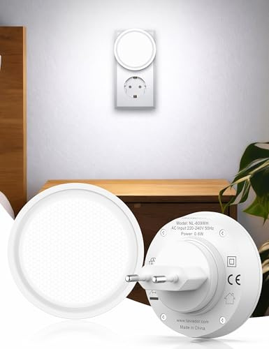 TAVISDOR 2 Stück Nachtlicht Steckdose Kinder, Nachtlichter mit Dämmerungssensor,Touch-Dimmung Weiß 6000K LED Steckdosenlicht für Flure, Schlafzimmer, Küchen, Badezimmer, Wohnzimmer(Rund)