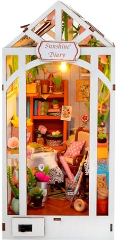 JIEBWCHA Buchhaus Bausatz Für Erwachsene - Holz Mini Gewächshaus Buchhaus Bausatz,Puzzle Mit LED Beleuchtung Für Stabiles Zimmer Tisch Wohnzimmer Bibliothek Schreibtisch Büro Erwachsene,Für Zimmer