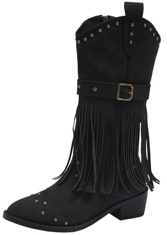 DFSDJEUW western boots women Girls Cowboy Boots Wide Calf Ankle Booties Waterproof Side Zipper/Pull on Short Boot Comfortable Warm Chunky Heel Mid Booties womens cowgirl Black 6.5