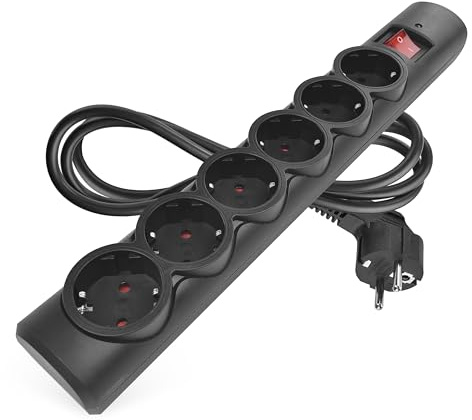 EMOS - Überspannungsschutz-Steckdosenleiste mit LED-Anzeige, 6fach, 1,5m Kabel - 6 Schuko-Steckdosen 45° gedreht, Schalter, erhöhter Berührungsschutz - max. Last 2300W / 10A - PVC für Innen - schwarz