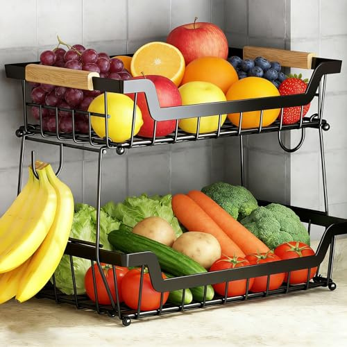 Houbobo Fruit Bowl with 2 Banana Hangers, 2 Tier Fruit Basket for Kitchen Counter with Wooden Handle, Detachable Metal Countertop Storage Rack for Fruits, Vegetables, Bread, and Snacks