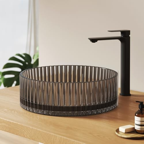 EMKE Glas Aufsatzwaschbecken Rund, 40 x 40 x 12 cm, Schwarz | Glaswaschbecken, Hochwertiges Glas, 45 mm-Ablauföffnung, Pflegeleichte, Großvolumen Waschtisch für Badezimmer und Gäste-WC