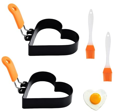 2 Stück Spiegeleiform, Pancake Form, Spiegeleierformen Für Die Pfanne, Spiegeleier Form, Herz Eierformer Eierringe mit Klappgriffen, Stainless Steel Egg Ring für Eierpfanne, Mit Bürste ausgestattet
