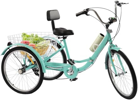 Promachineory Dreirad 3-Rad Fahrrad 24 Zoll Klappbar Tricycle 7-Gang mit Korb und LED-Licht für Erwachsene - Türkis