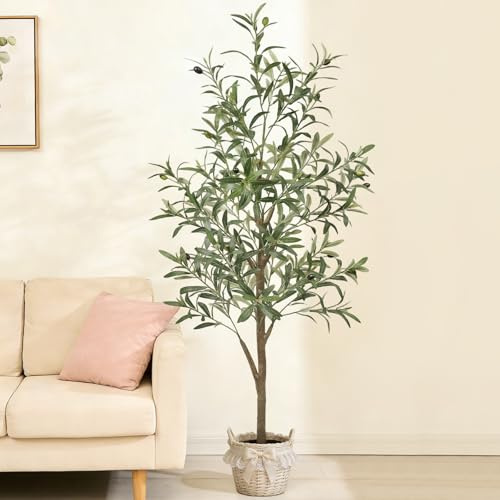 Ulivo artificiale da 1,5 m, ulivo finto con tronco naturale realistico, foglie e frutti realistici, grande ulivo da interno con robusta fioriera nera, ulivo finto per la decorazione della casa e del