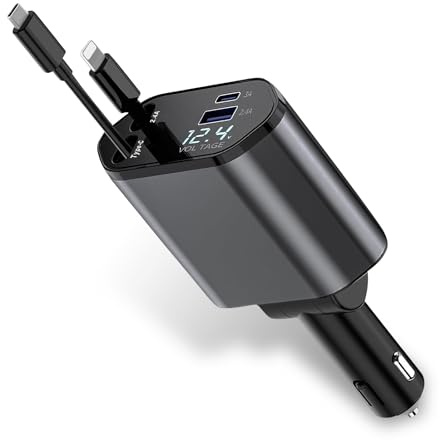 Retractable Car Charger, 4-in-1 Car Phone Charger 120W Fast Charge with 2 Retractable Cables and 2 USB Ports, Dual USB Ports Car Cigarette Lighter Adapter for Phone, Tablets, Multifunctional