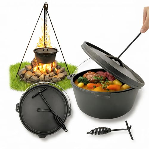 QLS Hängekessel Gusseisen 7,2L Ungarischer Jagdkessel mit Tragegriff für Feuerstelle und Grill Robuster Dutch Oven für Outdoor