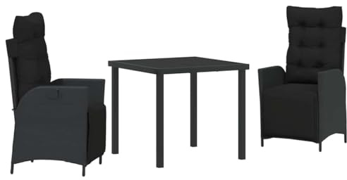Mhdvray Garten Essgruppe 3-teilig Schwarz 80 x 80 cm Glastisch Poly-Rattan Sitzgruppe mit verstellbarem Fußstützen und gepolsterten Kissen für Balkon Terrasse und kleine Patios