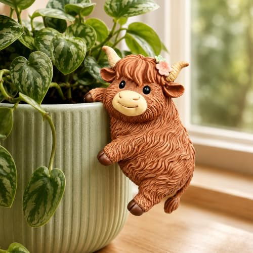 VIZIVOLT Highland Cow Decoration Plants Pot Hanger Resin Statue Flower Pot Resin Ornaments Planter Hanging Decorative Highland Cow Brown Sculptures Outdoor Garden Lawn Home Office