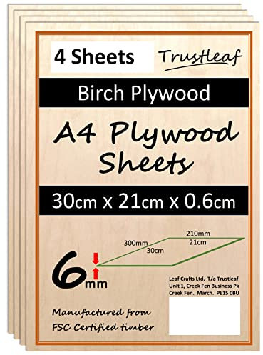 Madera contrachapada de abedul A4 de 6 mm; 300 x 210 x 6 mm (paquete de 4) - Especial para cortar con láser produciendo poco humo, con capa de pegamento E1