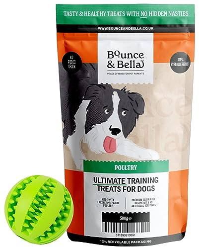 Bounce and Bella Treat Ball with Grain Free Poultry Dog Training Treats - 800 Tasty Treats - Dispenser in Green or Red (Chosen at Random) | Green or red ball chosen at random, Treat dispenser for reward games,