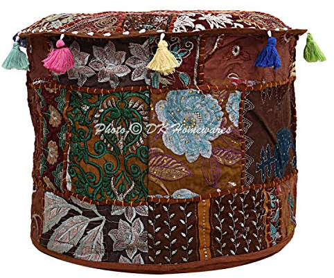 DK Homewares Indischer runder Hocker Bezug Braun Patchwork Bestickte Baumwolle Möbel Dekorative Osmanische Fußstütze Sitzmöbel | (18x18x13 Zoll / 45 cm) NUR ABDECKEN