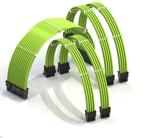LINKUP - AVA 50cm PSU Cable Extension Sleeved Custom Mod GPU PC Braided w/Comb Kit | 1 x 24 P (20+4) | 2 x 8 P (4+4) CPU | 2 x 8 P (6+2) GPU set | 500mm - Green