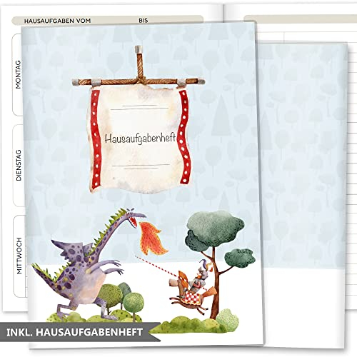 OLGS Hausaufgabenheft Hülle Ritter und Drachen inkl. Heft Schulheft Schutzhülle Umschlag Geschenkidee Einschulung Grundschule (ohne Personalisierung, Drachenkampf)