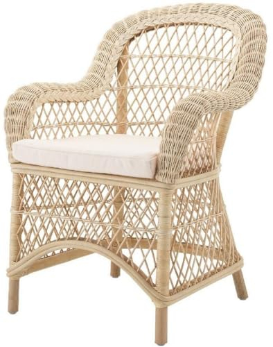 Casa Padrino Luxus Rattan Esszimmerstuhl mit Armlehnen und Kissen Naturfarben/Cremefarben 63 x 68 x H. 88 cm - Esszimmermöbel