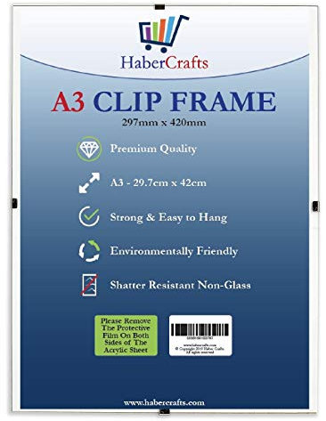 Habercrafts A3-Clip-Rahmen zum Aufhängen, starkes Glas, freier, rahmenloser, klarer Rahmen für Poster, Zertifikate, Fotos, Comics, leicht, 297 mm x 420 mm (A3-Clip-Rahmen – 1 Rahmen)