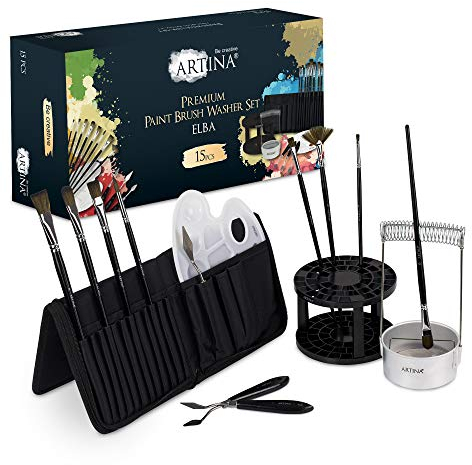 Artina Pinselhalter Elba Pinselwascher mit Behälter, Siebfilter und Haltespirale – Pinsel Zubehör Set 8 Pinsel 3 Malspachteln Mischpalette Pinselständer Pinsel Tasche